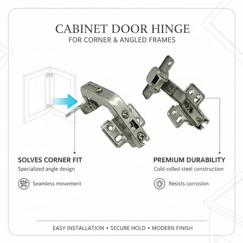 Corner Cabinet Door Hinge for Angled Frames, Built to Handle Tight Angles and Non Standard Angles, Cold Rolled Steel Hardware