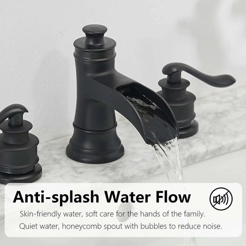 Matte Black Widespread Bathroom Faucet With Waterfall Spout Farmhouse Style 3 Hole Sink Faucet Two Handle 8 Inch Centers Lavatory Vanity With Pop Up Drain And Overflow Easy Clean Finish