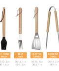 4 Piece Stainless Steel BBQ Grill Utensil Set With Wood Handles, Slotted Turner, Meat Fork, Tongs, Silicone Brush displayed