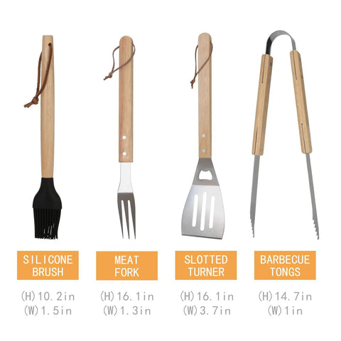 4 Piece Stainless Steel BBQ Grill Utensil Set With Wood Handles, Slotted Turner, Meat Fork, Tongs, Silicone Brush displayed