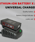 20V lithium-ion battery and charger for Brushless Cordless Rivet Gun Kit with 2.0Ah capacity, heavy-duty use indicator visible