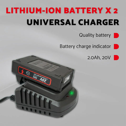 20V lithium-ion battery and charger for Brushless Cordless Rivet Gun Kit with 2.0Ah capacity, heavy-duty use indicator visible
