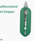 Compact Palm Sized Multifunctional Cable Stripper For Networking Cables Lightweight Wire Stripping Tool For Cat5 And Cat6 Ethernet Installations, green metal wire stripper with ergonomic design.