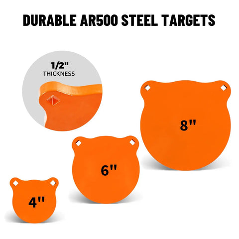 AR500 Steel Gong Target Set 1/2 Inch Thick For Serious Shooters With 4, 6, And 8 Inch Sizes, Durable Rust Proof Metal Targets