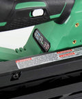Close-up of 18V MultiVolt Cordless Framing Nailer Kit with 30-Degree Magazine showing control panel and warning labels.