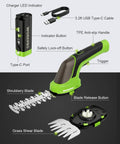 2-In-1 Cordless Hedge Trimmer And Grass Cutter with Type-C cable, 3.6V, 4.0Ah removable battery, and interchangeable blades displayed.