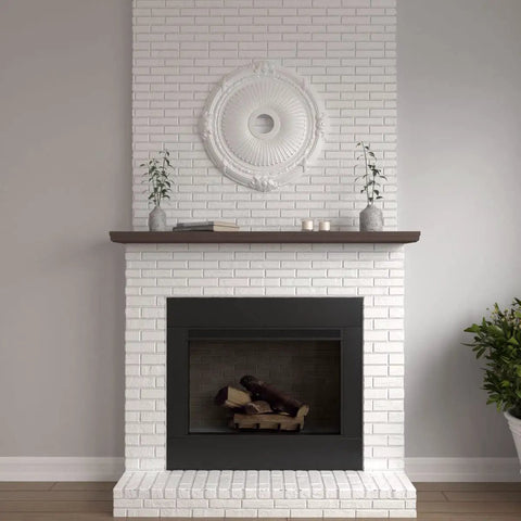 Ceiling Medallion Twenty Seven And A Half Inch Diameter Heaton Style mounted on white brick wall above fireplace