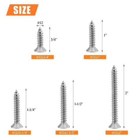 Workhorse Gauge 12 Wood Screws Assortment Kit, 54 Piece 304 Stainless Steel Phillips Countersunk Fasteners, various sizes