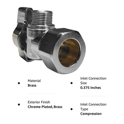 Beefy Brass One Quarter Turn Angle Stop Valve Chrome Plated Heavy Duty One Half In Nominal Five Eighths In OD Compression X Three Eighths In Compression Less Ferrule And Nut Ten Pack Contractor material details