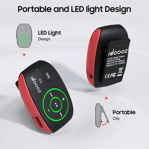 Clip-On MP3 Player With LED Light, 8GB Mini Music Player For Sports, Gym, Running, Jogging, Secure Clip Design, Portable View