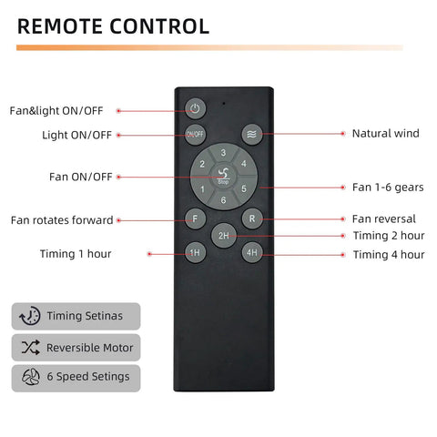 Remote control for Caged Ceiling Fan With Lights 20 Inch Industrial Farmhouse, showing buttons for 6 speeds and timers.