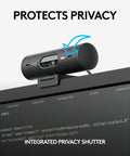 Legit Full HD 1080p Business Webcam With Auto Light Correction Smooth Remote Setup Certified For Virtual Meets showing integrated privacy shutter on monitor.