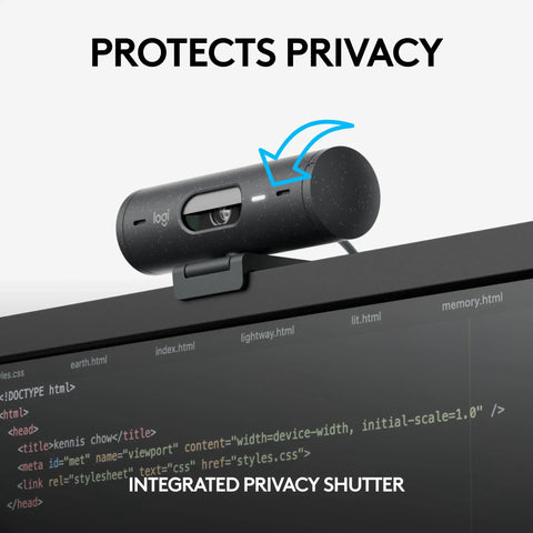 Legit Full HD 1080p Business Webcam With Auto Light Correction Smooth Remote Setup Certified For Virtual Meets showing integrated privacy shutter on monitor.