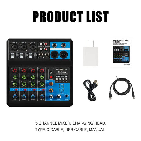 Mini 5 Channel DJ Mixer With Bluetooth USB MP3 Stereo 48V Phantom Power Live DJ Studio Streaming Console product list