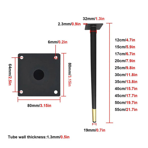 Rock Solid Four Piece Steel Cone Table Legs For Hella Tough DIY Furniture Upgrades Featuring Wide Base Plates And Rust Resistant Metal Supports For Desks Cabinets Chairs dimensions with detailed measurements.
