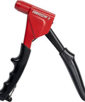 Red and black headless one handed rivet tool kit for metal fabric leather and auto repair manual riveter set.