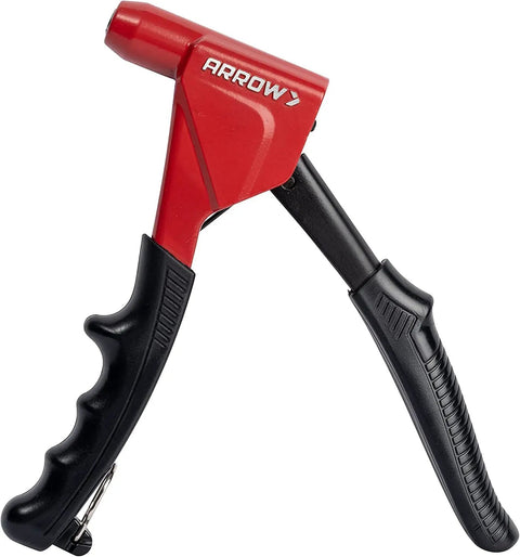 Red and black headless one handed rivet tool kit for metal fabric leather and auto repair manual riveter set.