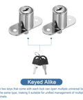 Two keyed alike Heavy Duty Push Plunger Locks Loaded With Keys And Hardware For Cabinetry Drawers And Shed Doors Brushed Steel Finish.