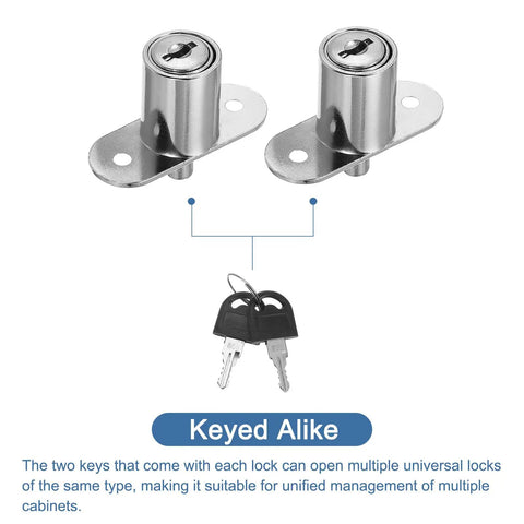Two keyed alike Heavy Duty Push Plunger Locks Loaded With Keys And Hardware For Cabinetry Drawers And Shed Doors Brushed Steel Finish.