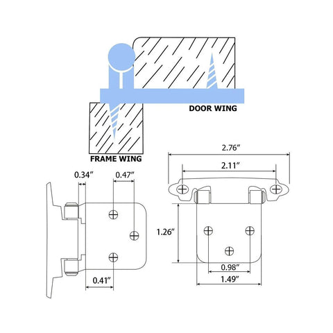 Diagram of Brushed Brass Cabinet Hinges Set For Face Mount Kitchens Self Closing Variable Overlay 0 To 180 Degree Swing SCH30BB