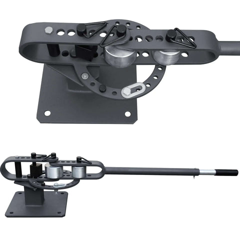 Compact Bench Top Metal Bender With 7 Dies, Manual Flat Bar Bender, Pro Grade Heavy Duty Machine displayed with telescoping handle