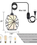 Glass Pendant Plug In Hanging Light With Dimmable Switch Swag Style Lamp dimensions and bulb recommendations visible.