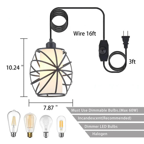 Glass Pendant Plug In Hanging Light With Dimmable Switch Swag Style Lamp dimensions and bulb recommendations visible.