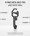 Ultra Slim Metal Multi Tool Card With Bottle Opener And Hex Wrench For Wallet Or Keychain detailed view with features labeled.