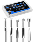10 Piece Rotary Tool Bits Set For Wood Carving Engraving And Detail Work With 1/8 Inch Shank in display case with varied shapes.