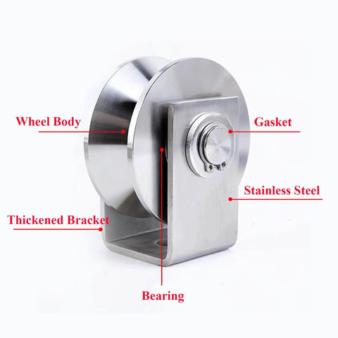 V Groove Wheel Set Stainless Steel Heavy Duty Wire Rope Pulley Block Sliding Gate Rollers side view showing components labeled