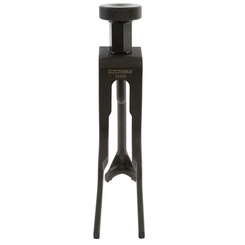 On Vehicle Spring Compressor For Ford 4.6L And 5.4L 3 Valve Modular Engines Great For Quick Valve Spring And Retainer Removal Without Camshaft Removal Not For 2V Or 4V Ford Service Tool, front view of the compressor standing upright, highlighting steel construction.