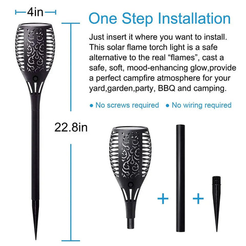 Solar Torch Lights With Flickering Flame For Outdoor Yards And Pathways, Waterproof IP65 Tiki Torches shown with easy assembly parts