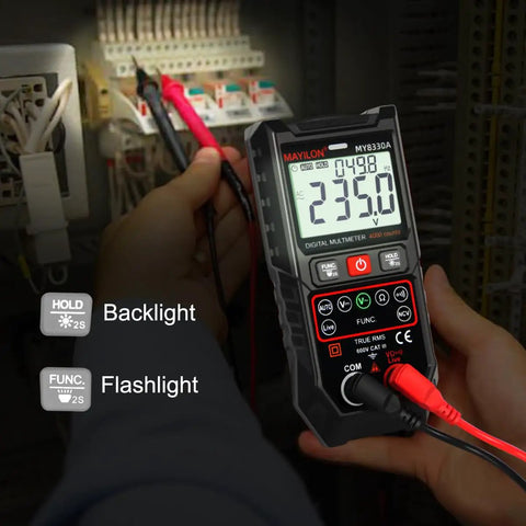 Person using DIY Ready Pro Grade TRMS Multimeter with 4000 Counts 600V DC AC Testing in electrical panel