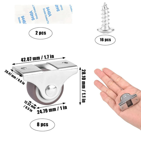 8 Pcs Tiny 1 Inch Caster Wheels Low Profile One Way Rubber Casters For Furniture And Large Containers With Screws And Adhesive