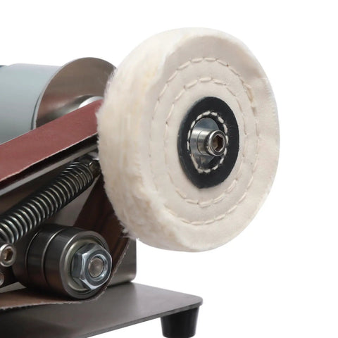Close-up of the buffing wheel on the No Hassle Workhorse Mini Belt Sander And Knife Sharpener for polishing projects.