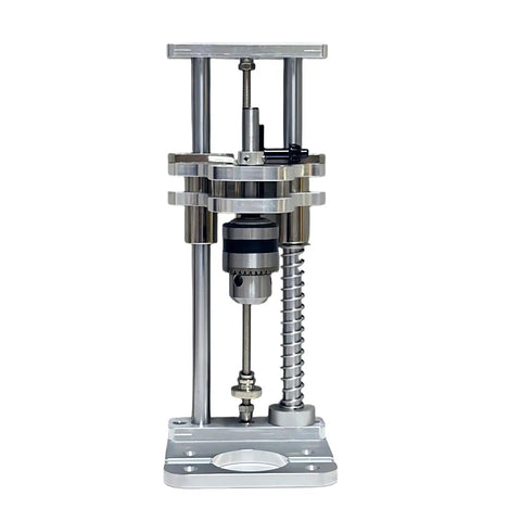 Front view of a Vertical Drill Guide Attachment For Drill Press Stand, Heavy Duty Steel Construction With Precision Alignment To Eliminate Wobble.