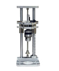 Front view of Vertical Drill Guide Attachment For Precise Drilling, Pro Grade Drill Press Stand, with steel frame and aluminum plate.