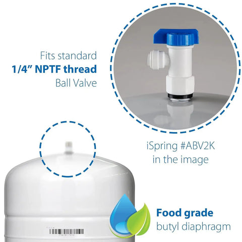 Close-up of Five Point Five Gallon Pre Pressurized Water Storage Tank For Home RO Systems with 1/4" NPT valve and food grade butyl diaphragm.