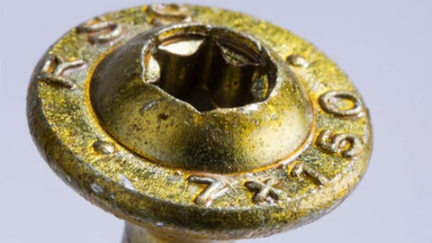 Gold Ten By Two And A Half Inch Structural Wood Screws With Washer Head And Star Drive For Interior And Exterior Use, close-up view