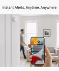 Indoor Motion Sensor RT With Dope Radar Tech And LoRa Long Range 2 Year Battery Life detecting motion, smartphone alerts visible.