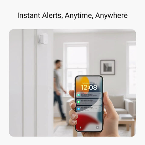 Indoor Motion Sensor RT With Dope Radar Tech And LoRa Long Range 2 Year Battery Life detecting motion, smartphone alerts visible.