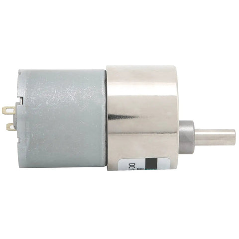 12V DC Gear Motor With Mounting Bracket And Speed Governor 100 RPM Low Speed Mean Torque Permanent Magnet Drive For Industrial Automation And Heavy Duty Equipment XD37GB3530 side view, metal gear motor with 5.5 mm shaft