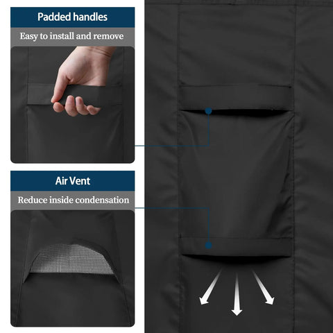 All Weather Rectangle Patio Furniture Cover For Outdoor Dining Tables And Chairs, Waterproof And UV Resistant, detail view of padded handles and air vent