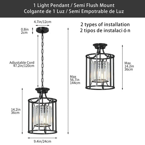 Black Metal Crystal Pendant Light With Adjustable Height, 500 Lumen 60W LED, showcasing dimensions and installation options