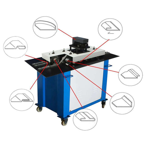 Electric Sheet Metal Seaming Machine For 0.02 To 0.05 Inch Thick Sheets 220V with seam shape options shown on rollers.
