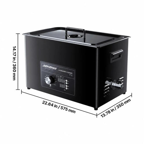 Ultrasonic Cleaner Machine 30L With Digital Heater Timer And Knob Control For Fast Pro Grade Heavy Duty 40KHz Deep Cleaning Of Car Parts Like Carburetors Spray Nozzles And Small Components Degassing Mode. Black 30L stainless steel ultrasonic cleaner with lid and control panel, 575 mm x 350 mm x 360 mm.