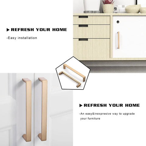 10 Pack 5 Inch Cabinet Pulls Square Champagne Bronze Finish Zinc Alloy Hardware For Kitchen Cabinets Dressers Wardrobes 128mm Center To Center 135mm Overall Length Drawer Handles displayed on cabinets.