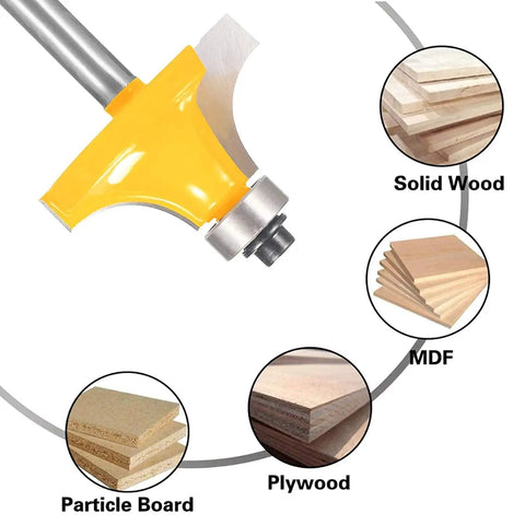 Roundover Router Bit Set With Bearing Guide 1/4 Inch Shank Four Piece Kit For Edge Rounding R 1/8 Inch, compatible materials display.