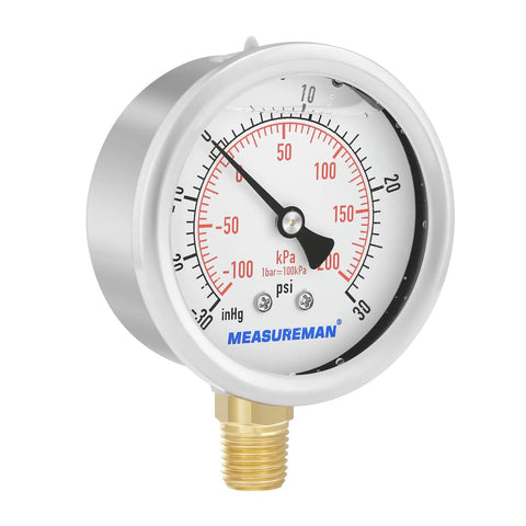 MEASUREMAN 2-1/2 in glycerin-filled pressure gauge, stainless steel case, brass internals, 0-30 psi, 1/4 NPT mount