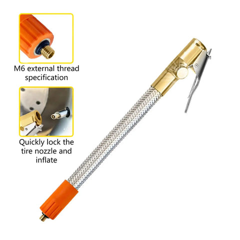 Heavy Duty Tire Inflator Hose Extension Tube With Quick Release Chuck Adapter For Car Bike Motorcycle Pump To Fill Tires Without Air Loss Have Good Pressure Daily Plug Into Compressor Unit Totally Sweet Gear, braided metal hose, M6 thread